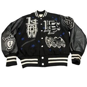 First Row Varsity Jacket Small Black Wool Faux Leather Patchwork Bright Future